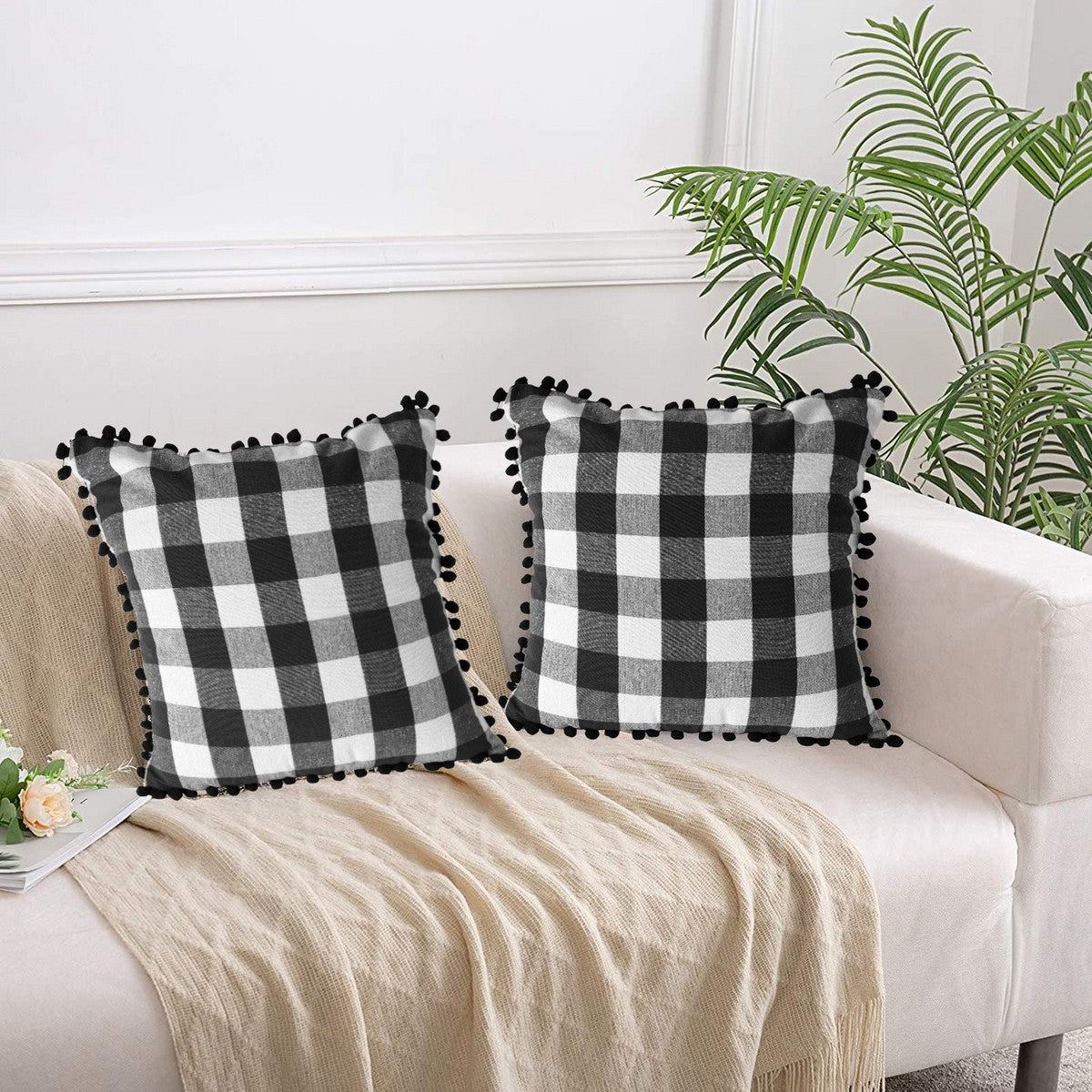 Lushomes Square Cushion Cover with Pom Pom, Cotton Sofa Pillow Cover Set of 2, 18x18 Inch, Big Checks, Black and White Checks, Pillow Cushions Covers (Pack of 2, 45x45 Cms)