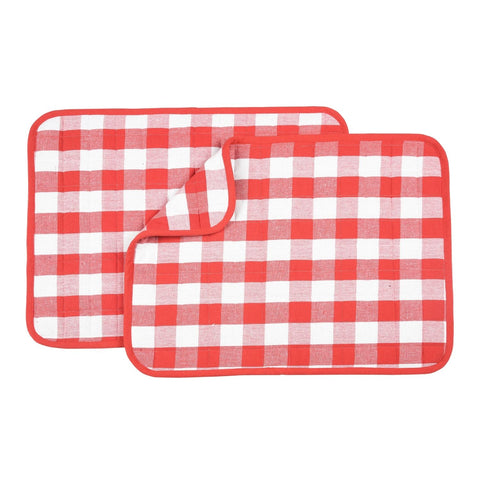 Dish Drying Mat for Kitchen Utensils, Reversible Absorbant Cotton Checks drying Mats, Washable, Counter top Cushion Pad Tableware, 46x61 Cms Red by Lushomes (18x24 Inches, Set of 2)