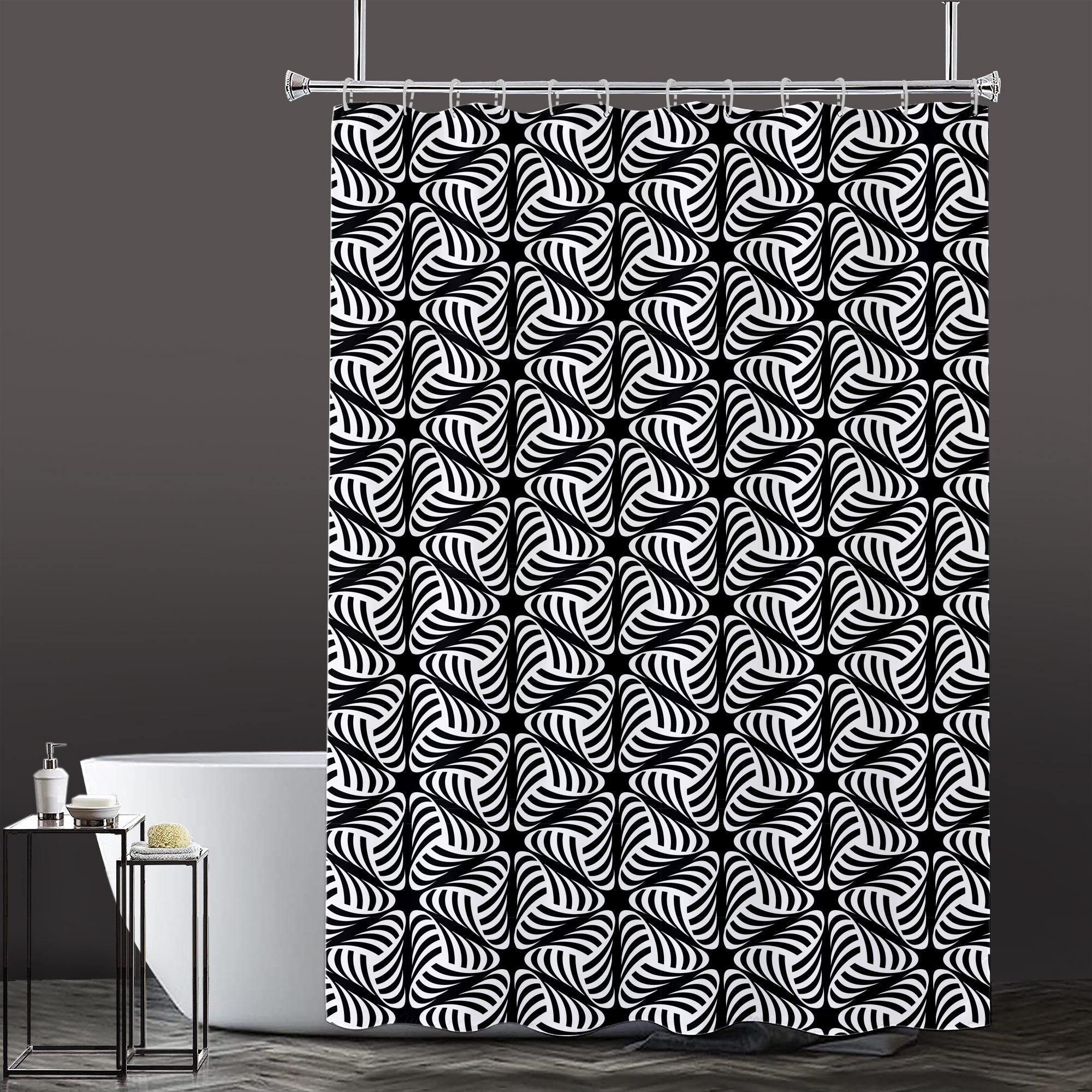 Lushomes Bathroom Shower Curtain with 12 Hooks and 12 Eyelets, Printed Desginer Swirly Triangles Bathtub Curtain, Non-PVC, Water-repellent, Black/White,  6 Ft H x 6 FT W (72 x 72 Inch, Single Pc)