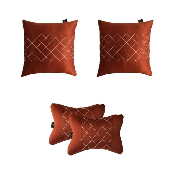 Lushomes Premium Rust Car Set (2 pcs Cushions & 2 pcs Neck rest Pillow) with Artistic Stitch - Lushomes
