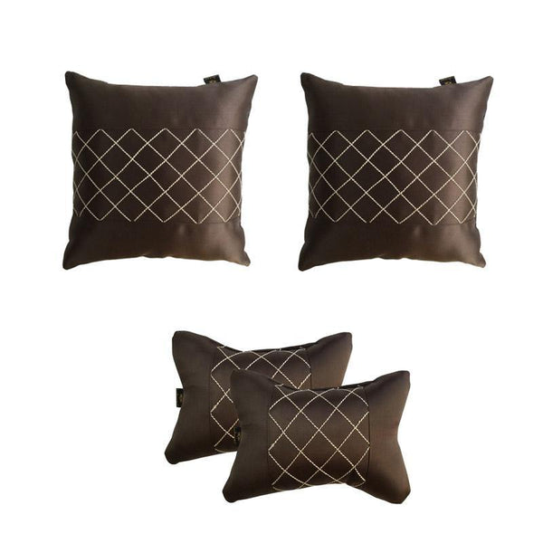 Lushomes Premium Brown Car Set (2 pcs Cushions & 2 pcs Neck rest Pillow) with Artistic Stitch - Lushomes