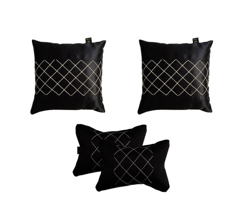 Lushomes Black Car Set (2 pcs Cushions & 2 pcs Neck Rest Pillow) with Artistic Stitch (Cushion: 12''x12'', Neck Pillow: 6"X10") (Black) - Lushomes