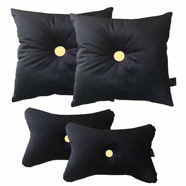 Lushomes Black Velvet Car Cushion Neck Rest Pillow with Yellow Button (Pack of 4, 2 pcs Neck Rest and 2 pcs car Pillows) - Lushomes