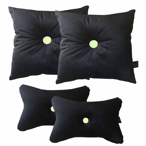 Lushomes Black Velvet Car Cushion Neck Rest Pillow with Green Button (Pack of 4, 2 pcs Neck Rest and 2 pcs car Pillows) - Lushomes