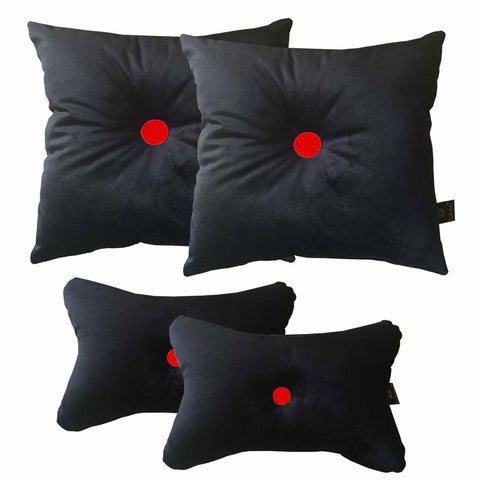 Lushomes Black Velvet Car Cushion Neck Rest Pillow with Red Button (Pack of 4, 2 pcs Neck Rest and 2 pcs car Pillows) - Lushomes