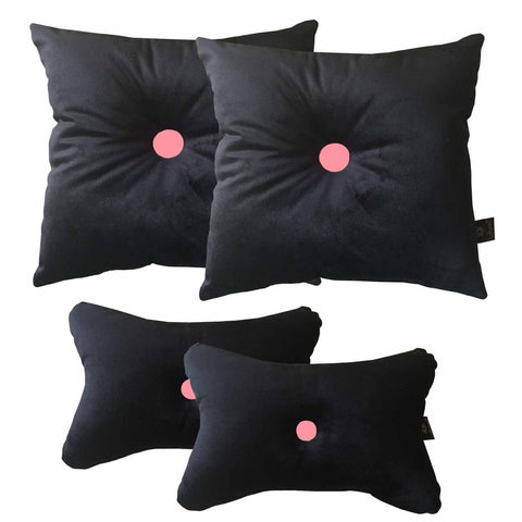 Lushomes Black Velvet Car Cushion Neck Rest Pillow with Pink Button (Pack of 4, 2 pcs Neck Rest and 2 pcs car Pillows) - Lushomes