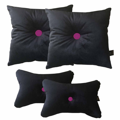 Lushomes Black Velvet Car Cushion Neck Rest Pillow with Marron Button (Pack of 4, 2 pcs Neck Rest and 2 pcs car Pillows) - Lushomes