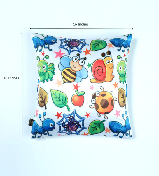 Lushomes Kids Bugs & Bees Printed Throw Cushion Cover Online with top White Invisible Zipper (16 x 16 inches, Single Pc)
