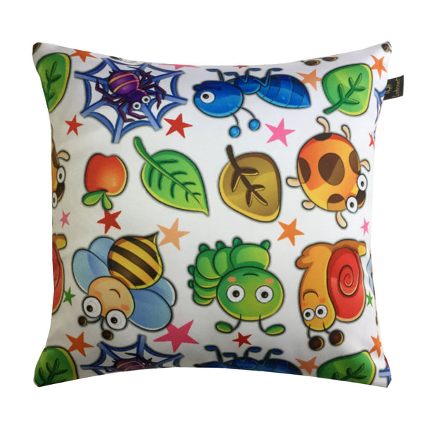 Lushomes Kids Bugs & Bees Printed Throw Cushion Cover Online with top White Invisible Zipper (16 x 16 inches, Single Pc)