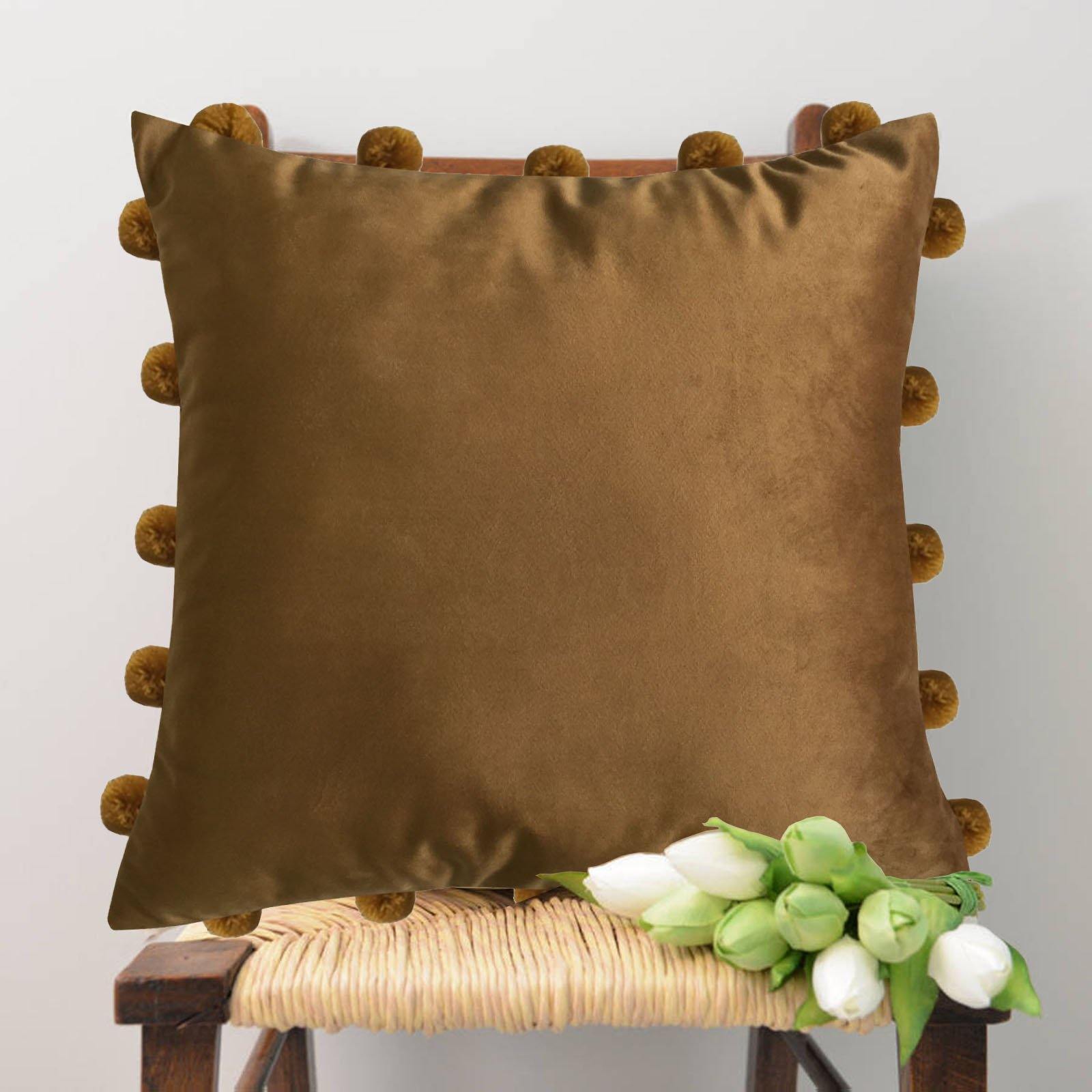 Lushomes Smooth Tan Velvet Cushion Covers with matching vibrant Pom Poms (Single Pc, 16‰۝ x 16‰۝) - Lushomes