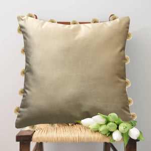 Lushomes Smooth Natural Velvet Cushion Covers with matching vibrant Pom Poms (Single Pc, 16‰۝ x 16‰۝) - Lushomes