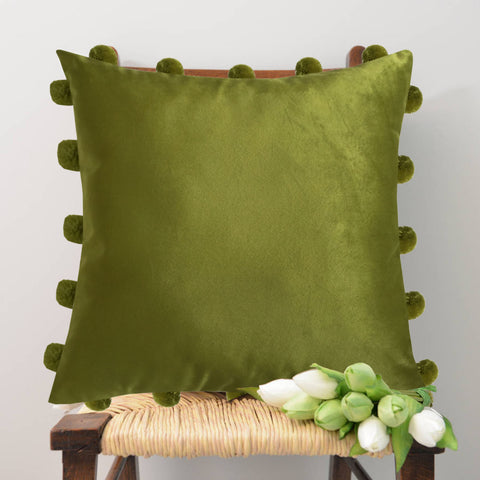 Lushomes Velvet Cushion Cover 16 Inch x 16 Inch, cushion covers with tassels, cushion cover with pom pom (16x16 Inches, Set of 2, Green)