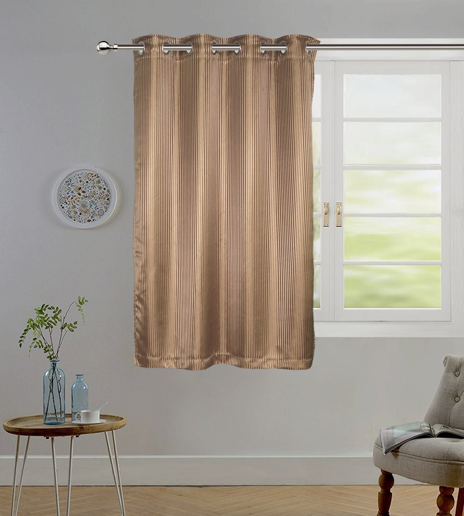 Lushomes Satin Curtains, Brown Satin window curtains, Striped, curtains 5 feet, 8 Metal SS Eyelets, 4.5 FT x 5 FT, curtains for window (54 x 60 inches, Single pc)
