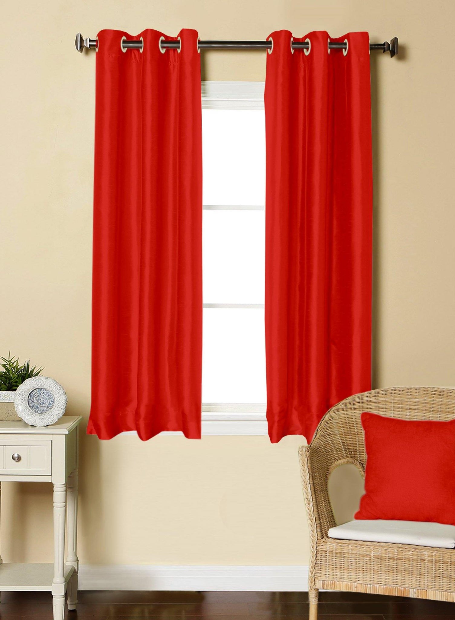 Lushomes Red Dupion Silk Curtain with 6 plastic eyelets (Pack of 2 pcs) for Windows - Lushomes