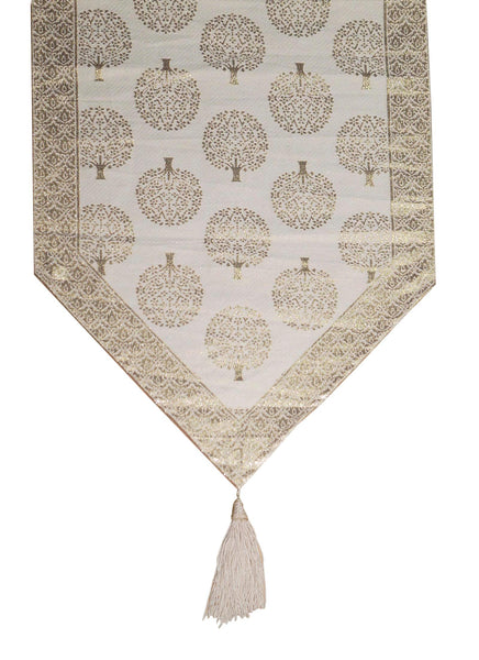 Lushomes Faux Golden & Cream Silk Runners with Triangle Ends and Tassels on Both Sides (Single Pc, 40 x 180 cms) - Lushomes