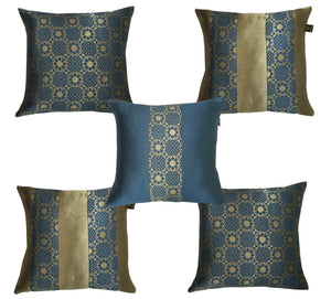Lushomes Jacquard Blue & Gold Cushion Cover set for any celebration.(Pack of 5, 40 x 40 cms) - Lushomes