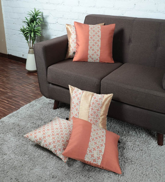 Lushomes Jacquard Orange Rust Design 2 Cushion Cover set for any celebration.(Pack of 5, 40 x 40 cms) - Lushomes