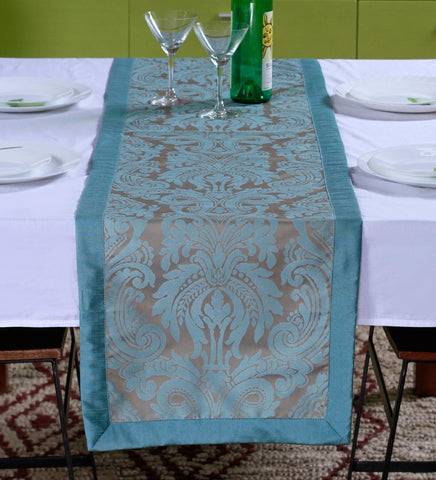 Lushomes Blue Polyester Border 3 Jacquard Dining Table Runner (16 x 72, inches, Single) - Lushomes