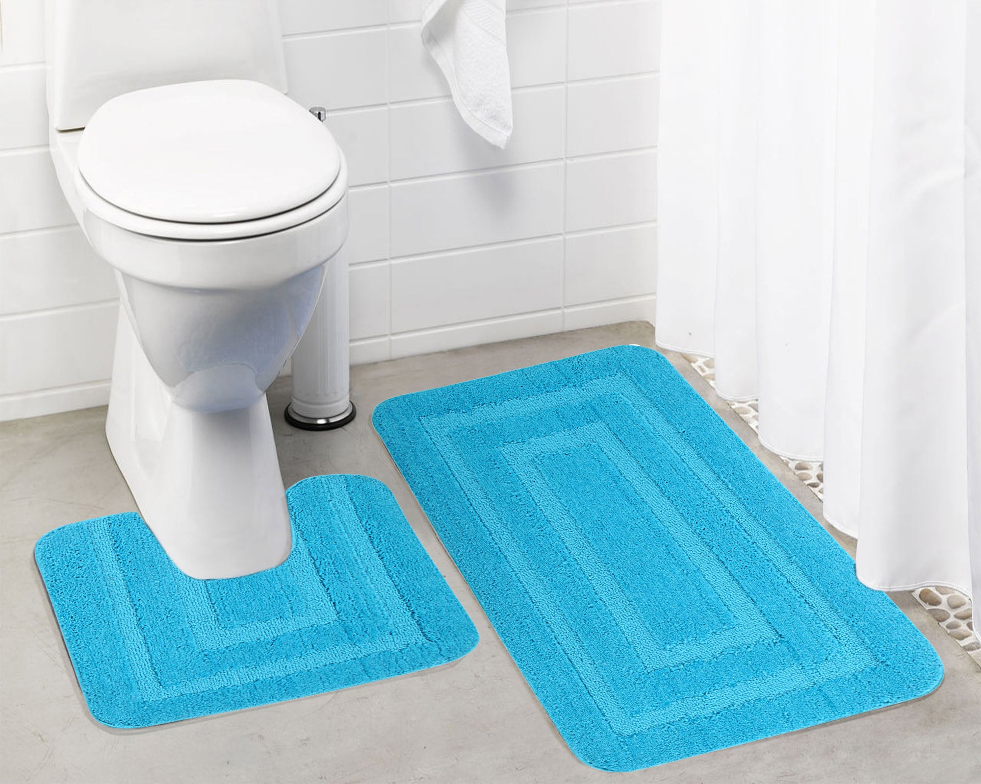 Lushomes Anti Slip Microfiber, bathroom mat,  Polyester Turquoise Extra Large Bath Mat Set, door mats for bathroom (Bathmat 19 x 30 inches, Pack of 2, Contour 19 x 18 inches, Pack of 2)
