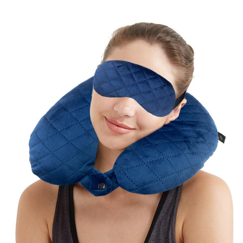 Travel Neck Pillow and Eye mask Set for Car Travel, Quilted Velvet Neck Rest, Flights for Men and Women, Head and Neck Rest Support, Navy Blue