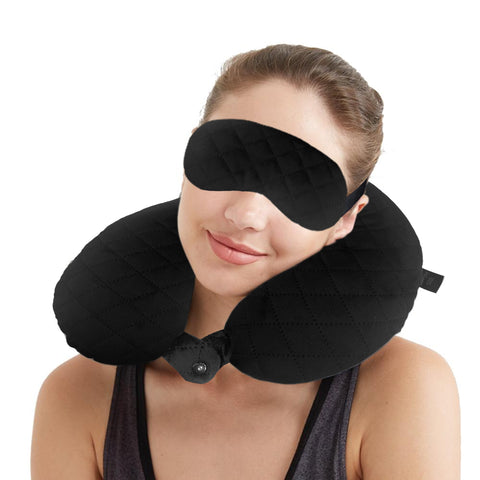 Travel Neck Pillow and Eye mask Set for Car Travel, Quilted Velvet Neck Rest, Flights for Men and Women, Head and Neck Rest Support, Black