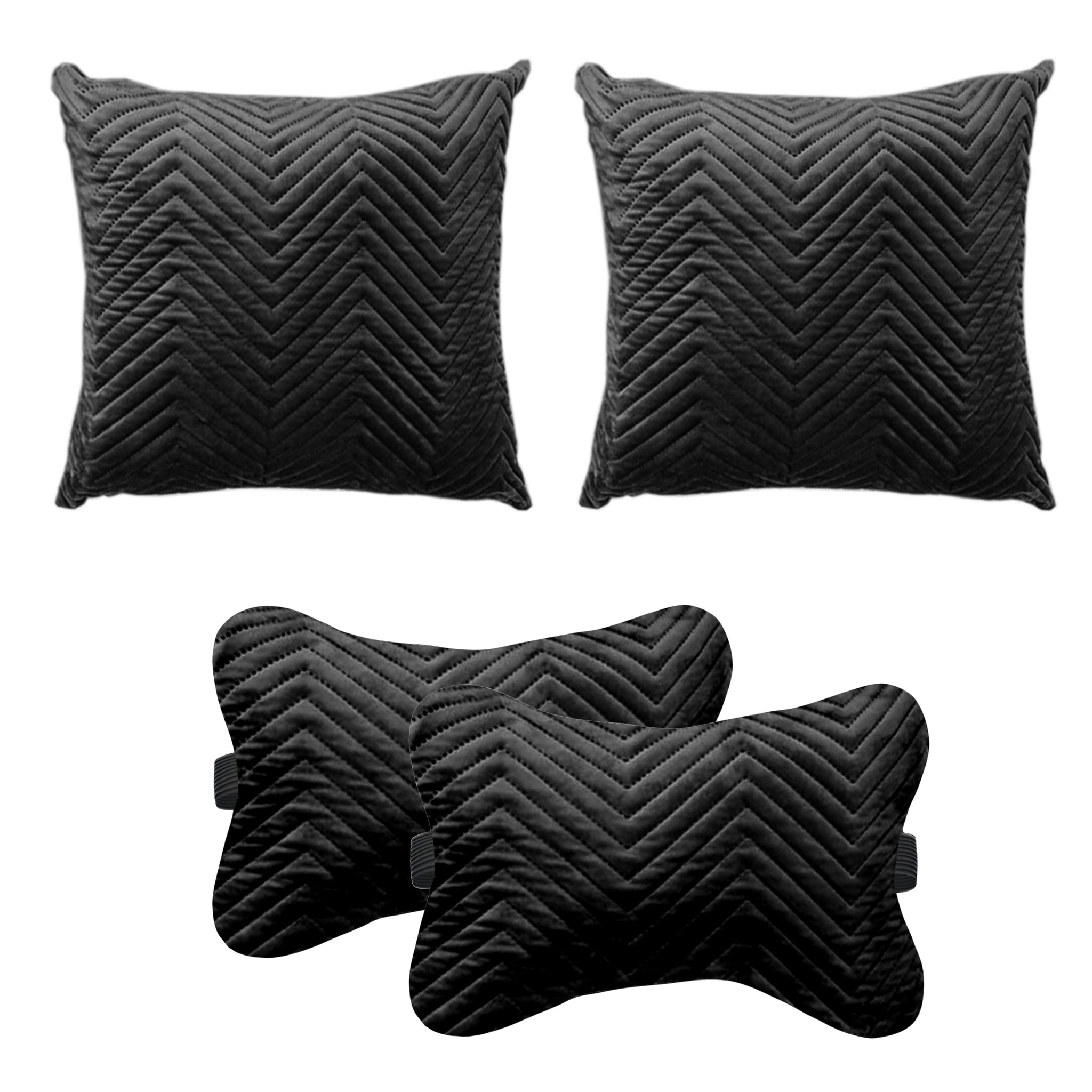 Car Cushion Pillows for Neck, Back and Seat Rest, Pack of 4, Quilted Black Velvet Material, 2 PCs of Bone Neck Rest Size: 6x10 Inches, 2 Pcs of Car Cushion Size: 12x12 Inches by Lushomes
