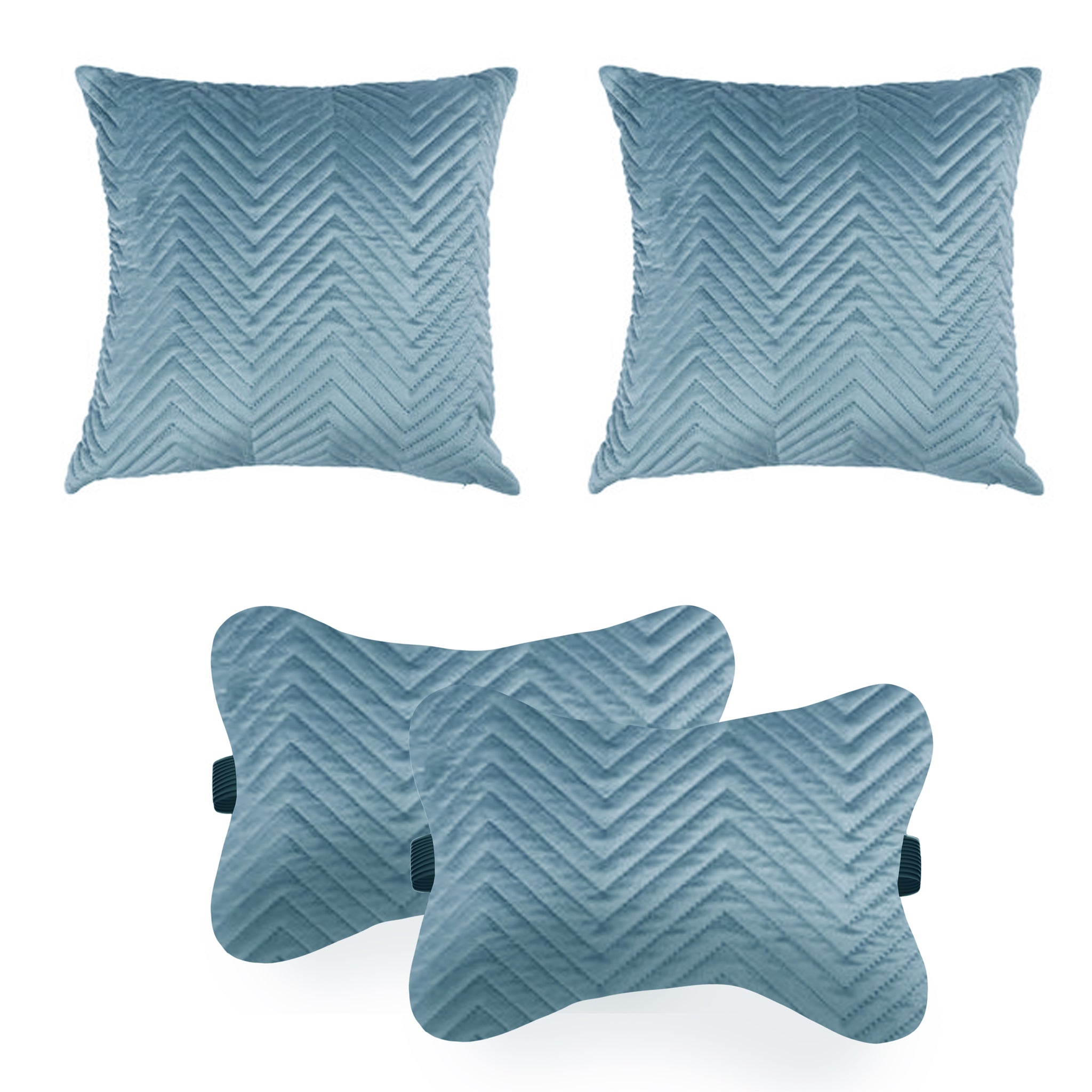 Car Cushion Pillows for Neck, Back and Seat Rest, Pack of 4, Quilted Blue Velvet Material, 2 PCs of Bone Neck Rest Size: 6x10 Inches, 2 Pcs of Car Cushion Size: 12x12 Inches by Lushomes