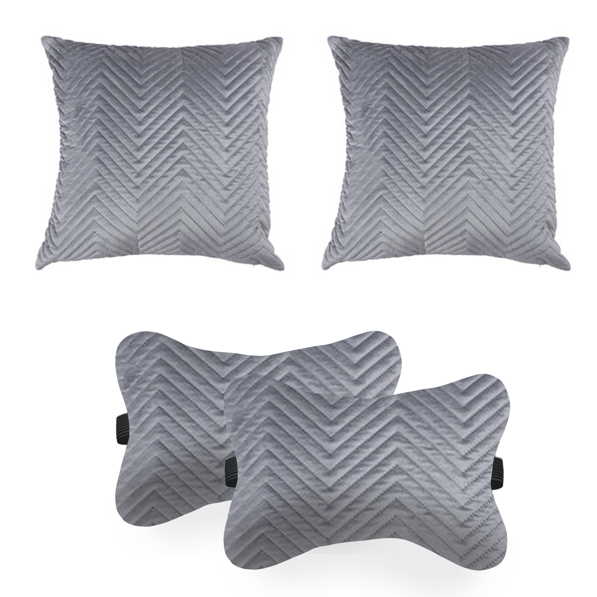 Car Cushion Pillows for Neck, Back and Seat Rest, Pack of 4, Quilted Grey Velvet Material, 2 PCs of Bone Neck Rest Size: 6x10 Inches, 2 Pcs of Car Cushion Size: 12x12 Inches by Lushomes