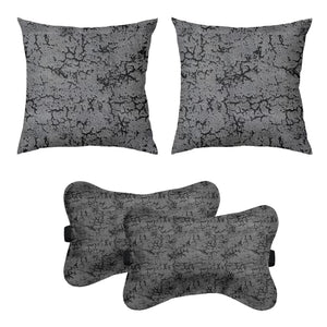 Car Cushion Pillows for Neck, Back and Seat Rest, Pack of 4, Dark Grey Printed Velvet Material, 2 PCs of Bone Neck Rest Size: 6x10 Inches, 2 Pcs of Car Cushion Size: 12x12 Inches by Lushomes
