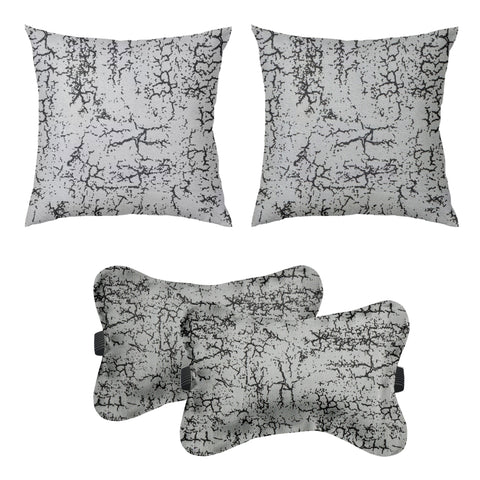 Car Cushion Pillows for Neck, Back and Seat Rest, Pack of 4, Light Grey Printed Velvet Material, 2 PCs of Bone Neck Rest Size: 6x10 Inches, 2 Pcs of Car Cushion Size: 12x12 Inches by Lushomes