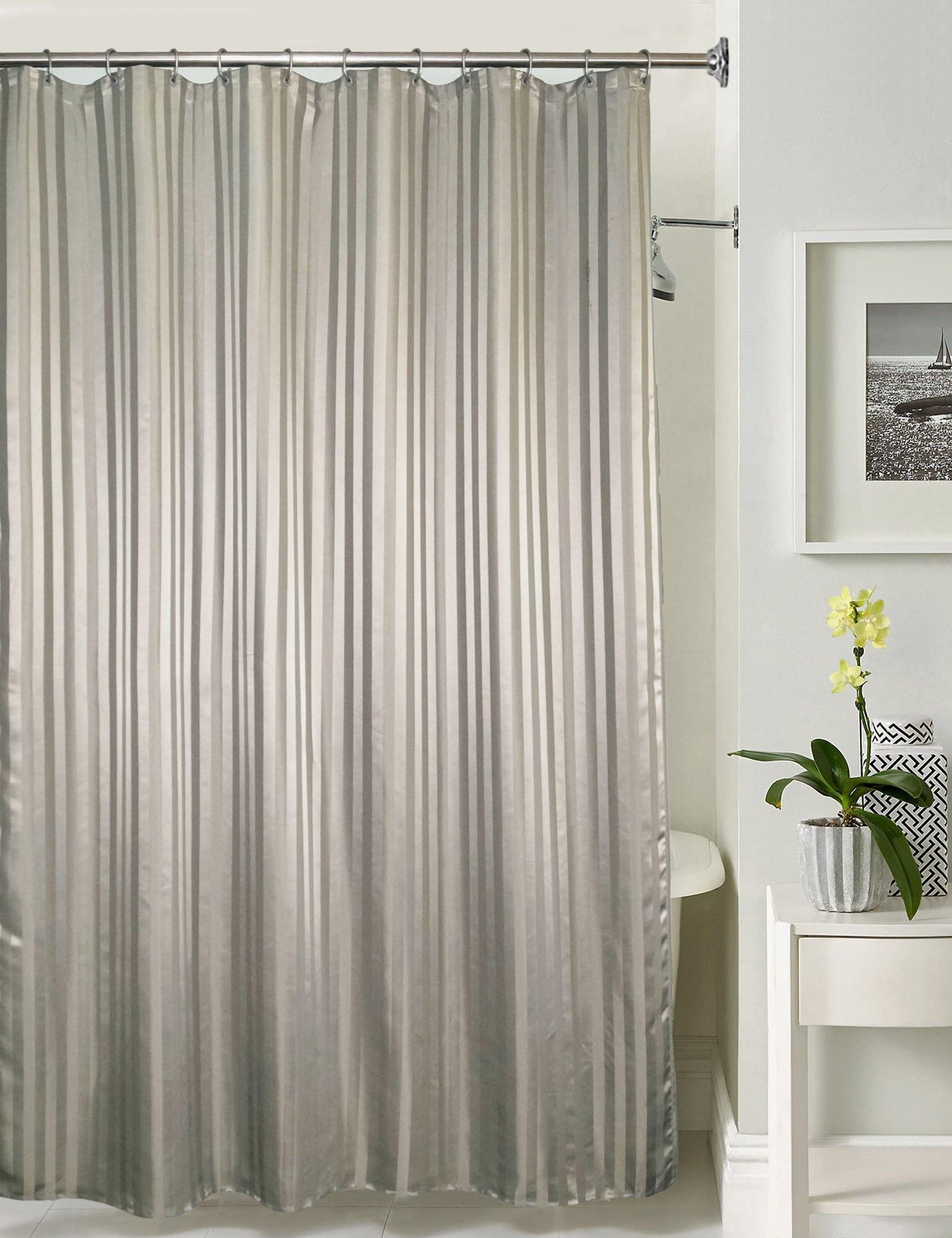Lushomes Grey Stripe Waterproof Bathroom Shower Curtain with 12 Eyelets and 12 C-hooks - Lushomes
