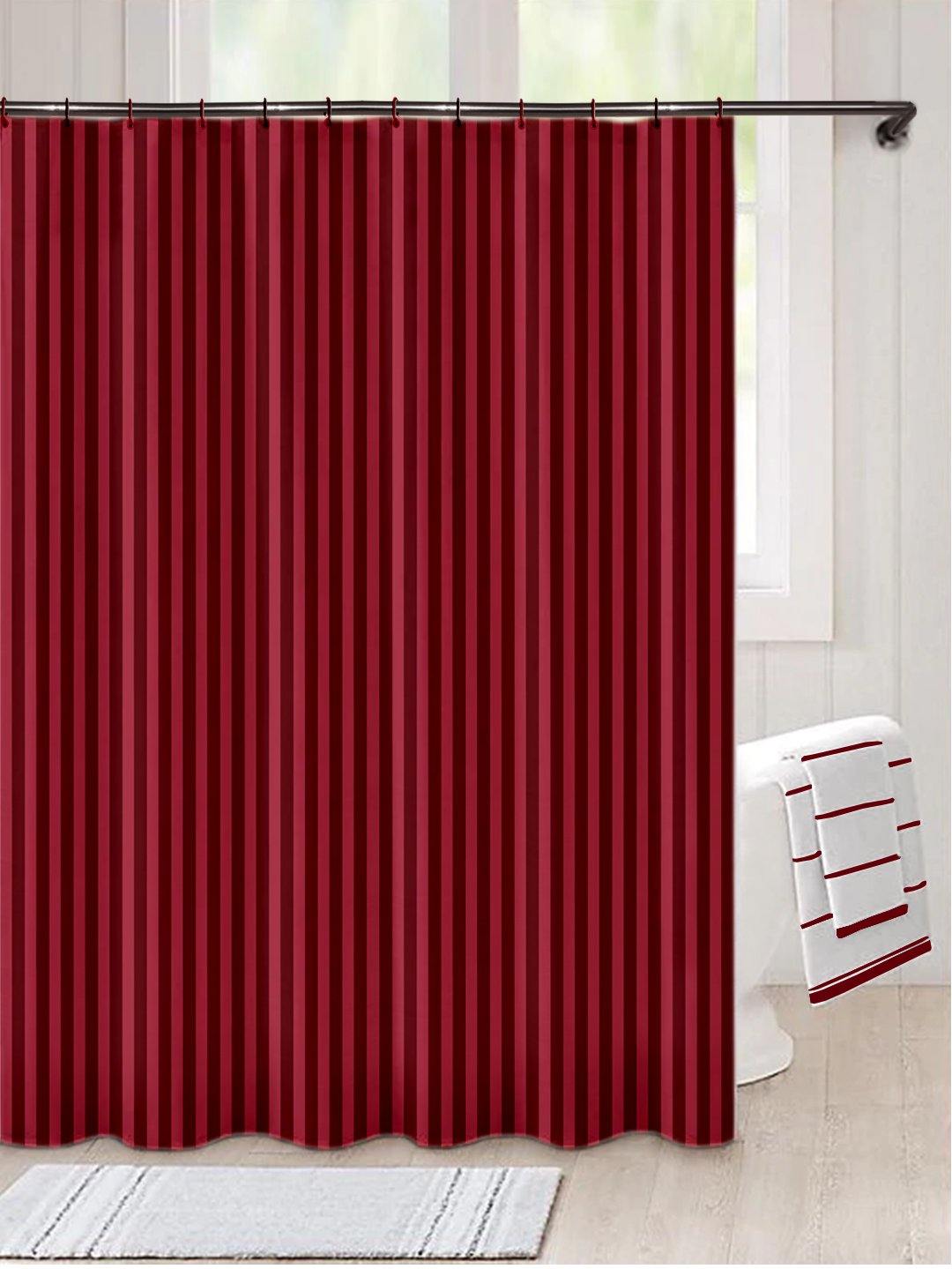 Lushomes Maroon Thick Striped Water Repellent Shower Bathroom Curtain with 12 Eyelets and 12 C-Hooks (72‰۝ x 80‰۝ or 180 x 200 cms) - Lushomes