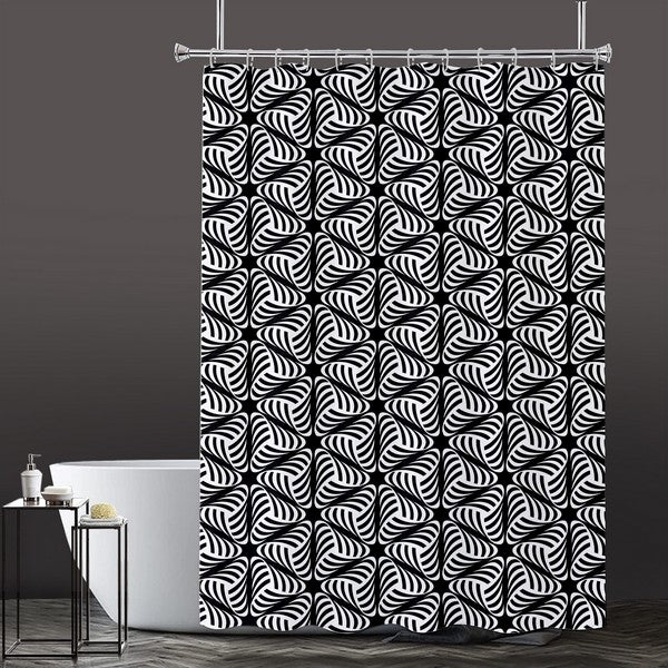 Lushomes Bathroom Shower Curtain with 12 Hooks & Eyelets, Printed Swirly Triangles Bathtub Curtain, Non-PVC, Water-repellent bathroom Accessories, Black/White,  6 Ft H x 6.5 FT W (72 x 80 Inch, 1 Pc)